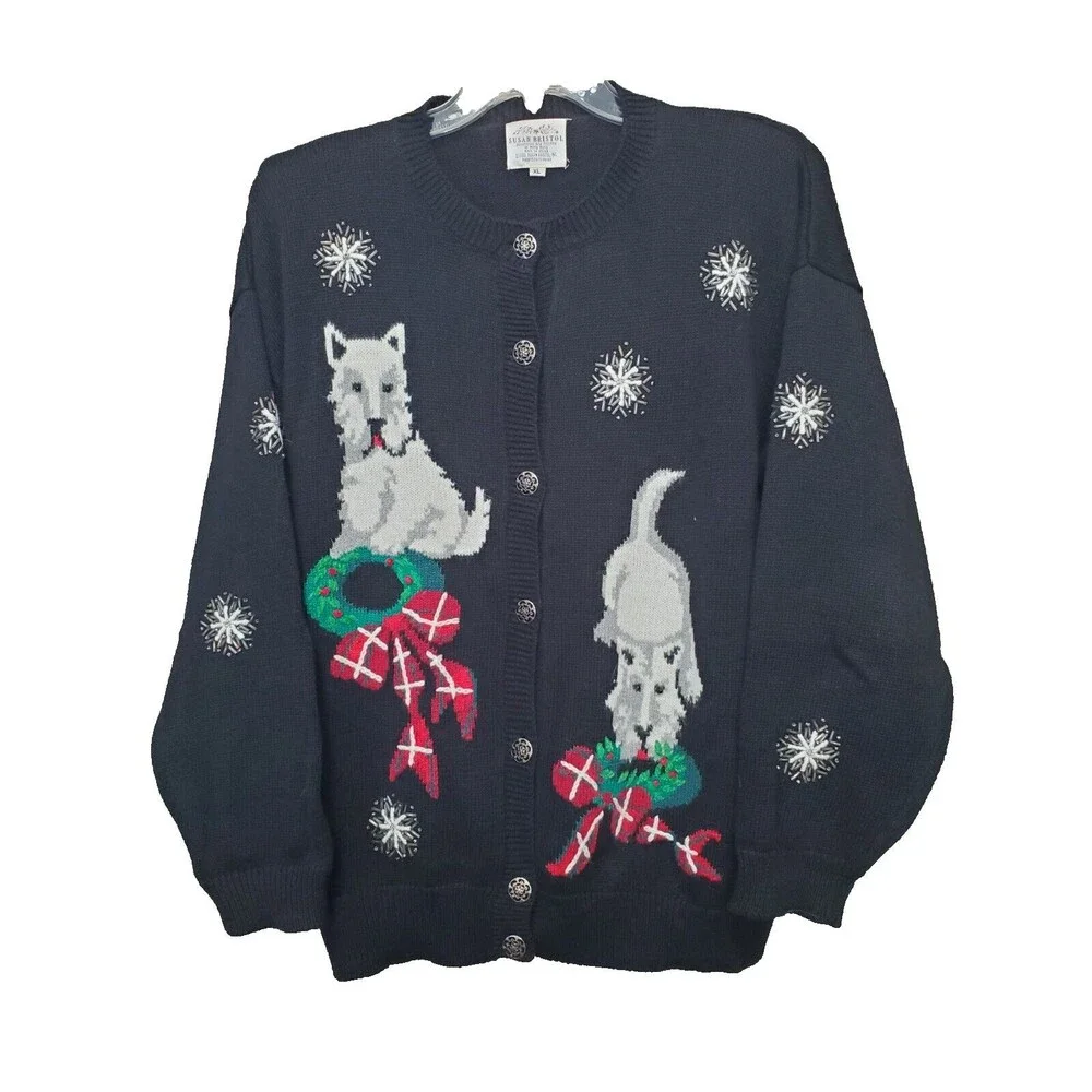 Susan Bristol Ramie/Cotton Scottie Dog Wreath Snowflake Christmas Sweater Sz XL - Picture 1 of 9